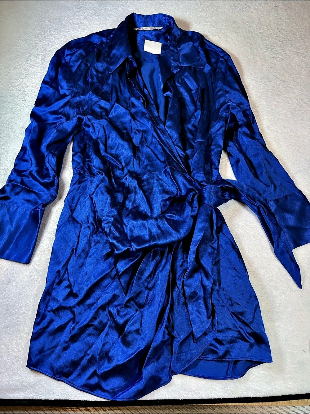 Zara Blue Wrap Trench Blouse Size Large NWT